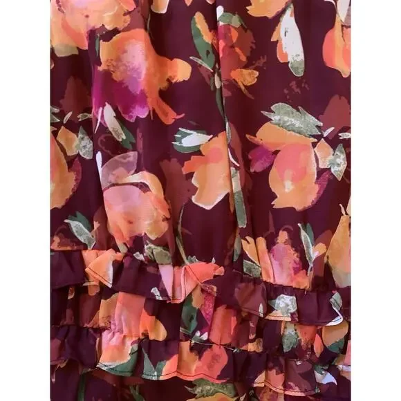 Vince Camuto Ruffled Floral Chiffon Maxi Dress Wine Multi Size 8, NWT 168$‎